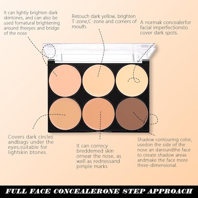 evpct 6 Colors Concealers Full Coverage Cream Contour Palette with Brush for Older Women, Under Eye Color Corrector Tri Color Pot Concealer Palette for Dark Circles Mature Skin Makeup, Waterproof, B2
