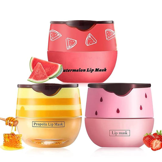 3 PCS Bee Lip Balm Honey Pot, Honey & Strawberry & Watermelon Lip Mask Overnight Moisturizing Lip Sleep Mask with Stick Hydrating & Prevention Dry and Cracked Lip Scrubs Exfoliator