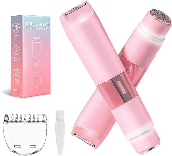 Bikini Trimmer for Women - 2 in 1 Painless Electric Razors for Women, IPX7 Waterproof Rechargeable LED Dual Head Electric Shaver for Lady Bikini Underarm, Body, Leg, Face Hair Remove - Pink