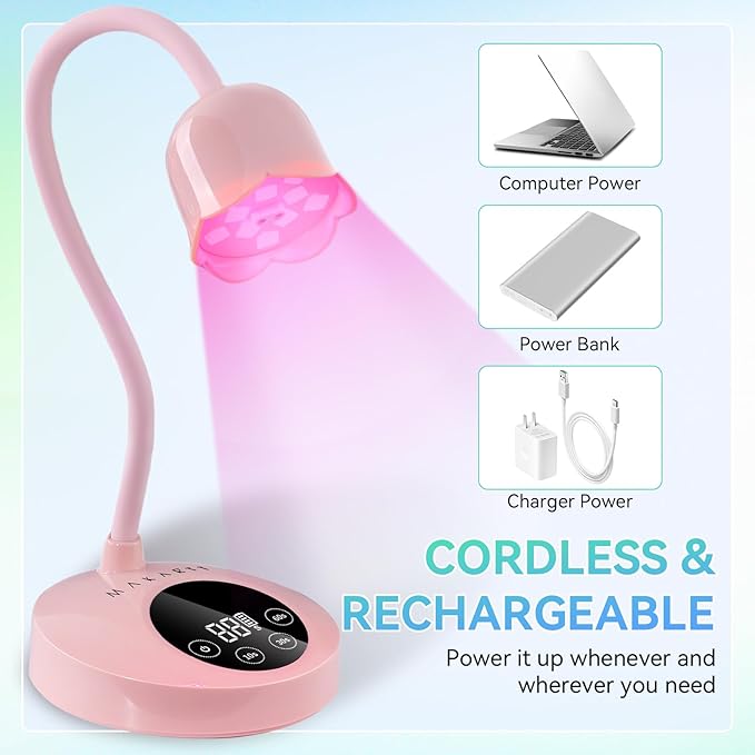 Makartt UV Nail Lamp: Flash Cure lamp UV Light for Gel Nails Polish Luminoza 30W Rechargeable LED Nail Dryer with 4 Timers & Auto Sensor Fast Curing Goosenecks Lamp for Home DIY Manicure (Pink)