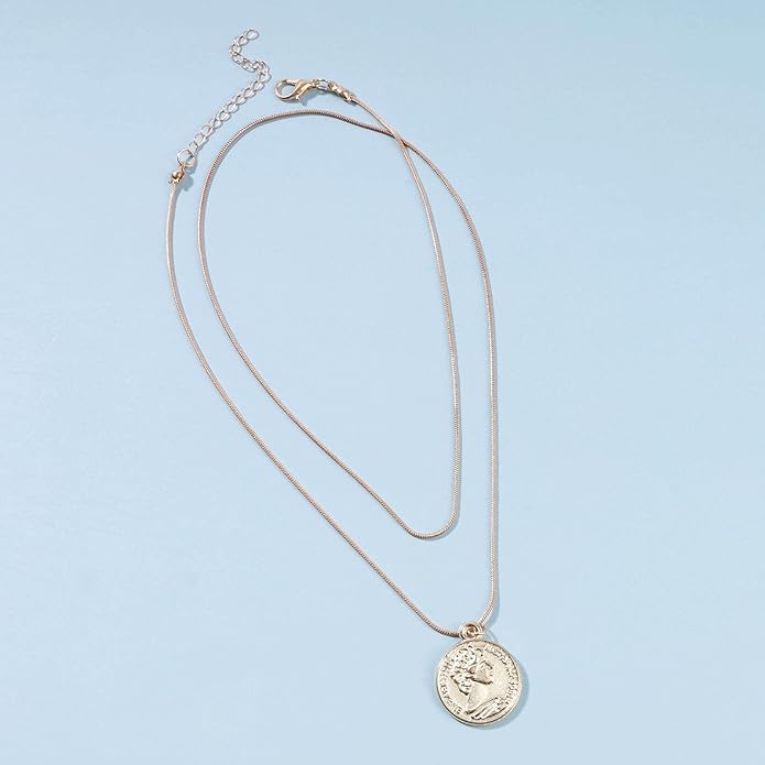 Boho Layered Coin Necklace Choker Gold Medallion Pendant Necklace Round Disc Necklace Vintage Snake Chain Necklace Jewelry for Women