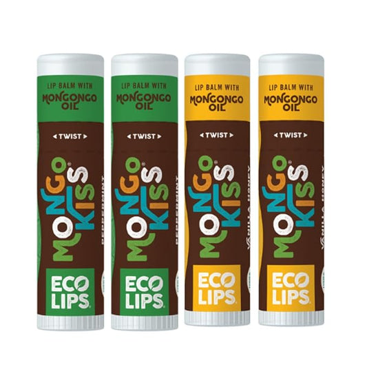 Eco Lips Mongo Kiss Organic Lip Balm 4 Pack - 100 Percent USDA Organic - Soothe, Moisturize Dry, Cracked and Chapped Lips - Made in USA (Peppermint & Vanilla Honey)