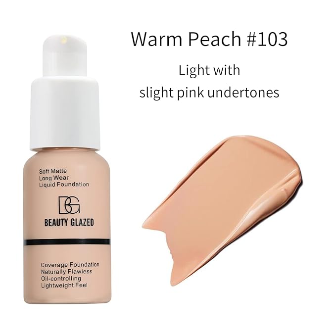 Beauty Glazed Soft Matte Silky Full Coverage Liquid Foundation, Multi-Use Buildable Foundation Lightweight Feel Oil Control Longwear Naturally Flawless Coverage Foundation (103 Warm Peach)