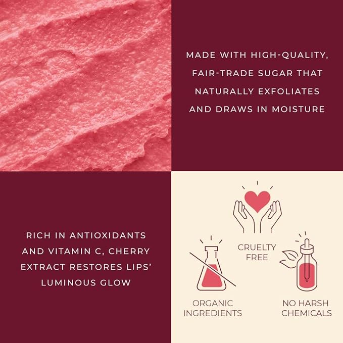 Lip Exfoliator Scrub and Lip Treatment - Gentle Lip Repair for Dry Cracked Lips and Lip Scrubs Exfoliator and Moisturizer - All Naturals Lip Brightening for Dark Lips (Cherry Honey)