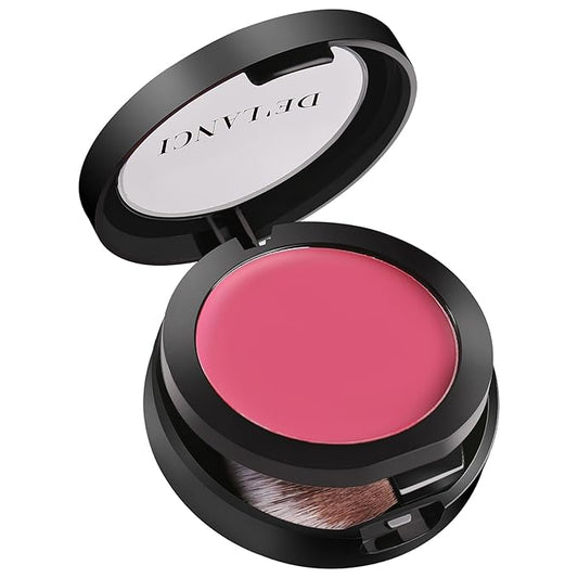 DE'LANCI Soft Cream Blush, Intense Color Pay off Putty Blush for Cheeks, Long Lasting Natural Look Rouge for Dark Skin, Blendable Pinkness Flush Korean Blush with Mirror and Brush,No Greasy (ROSE 02#)