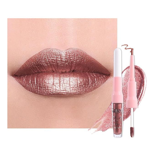 evpct Dark Bronze Metallic Shimmer Lip Liner and Lipstick Combo Lip Gloss Stains Set Makeup for Women Long Lasting Waterproof 24, Iced Mocha Frosted Metallic Glitter Glossy iridescent Liquid Lipstick