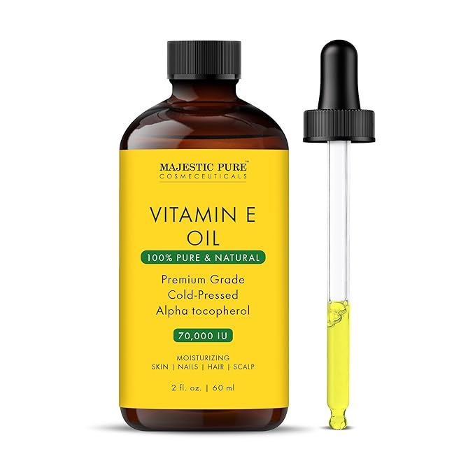 Majestic Pure Vitamin E Oil - 100% Pure & Natural, 70,000 IU | Premium Grade, Cold-Pressed and Tocopherol to Repair Dry, Damaged Skin | Moisturizing Skin, Hair and Scalp 2 Fl Oz