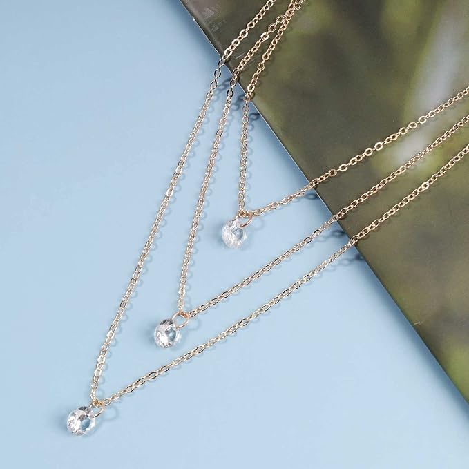 Boho Layered Crystal Necklace Choker Gold Bezel Pendant Necklace Multi Layering Vintage Necklace Chain Cz Bridal Necklace Chain Jewelry for Women and Girls