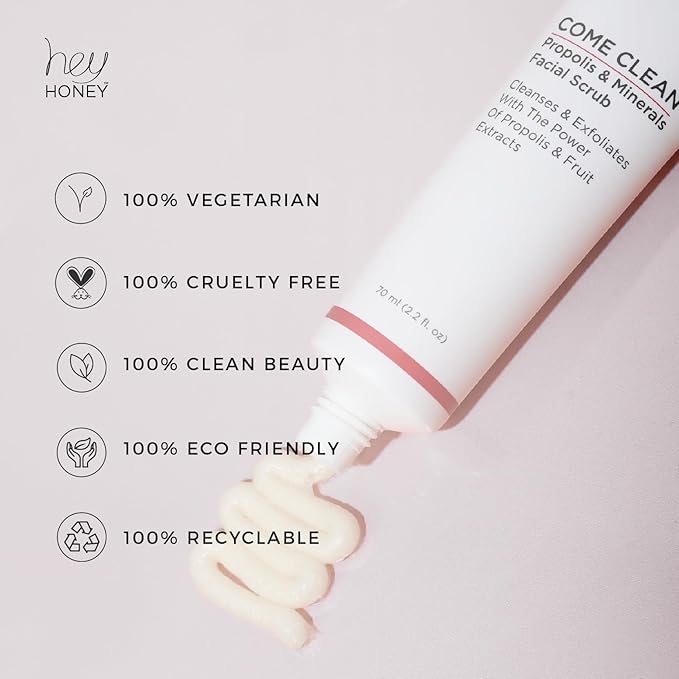 Hey Honey, Come Clean Propolis & Mineral Facial Scrub. Rich, Exfoliating, Dead Sea Salt Scrub designed to be gentle enough for even the most sensitive skin. 110ml