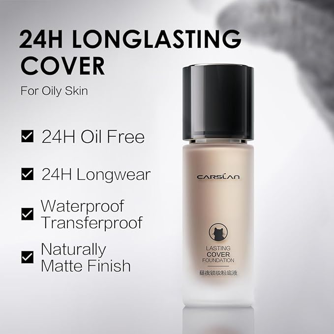 Lasting Cover Foundation, 24H Longlasting Full Coverage Matte Finish Face Makeup, Poreless, Lightweight, Waterproof, Oil Free Liquid Foundation, W01