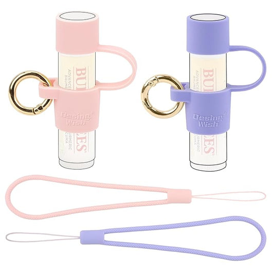 Desing Wish 2 PCS Silicone Lip Balm Holder with Cap Cover Portable Chapstick Holder Keychain Sleeve Lip Balm Key Chain with Key Ring and Wrist Strap Lanyard - Pink/Purple