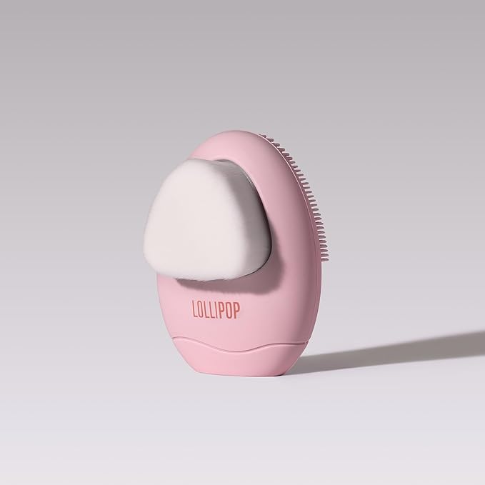 LOLLIPOP Dual-Sided Facial Cleansing Brush | Palm Size Silicone Face Exfoliator and Soft Fiber Cleanser | Manual Face Scrubber for Pores, Makeup Removal, Blackhead and Skincare Routine, Bubblegum