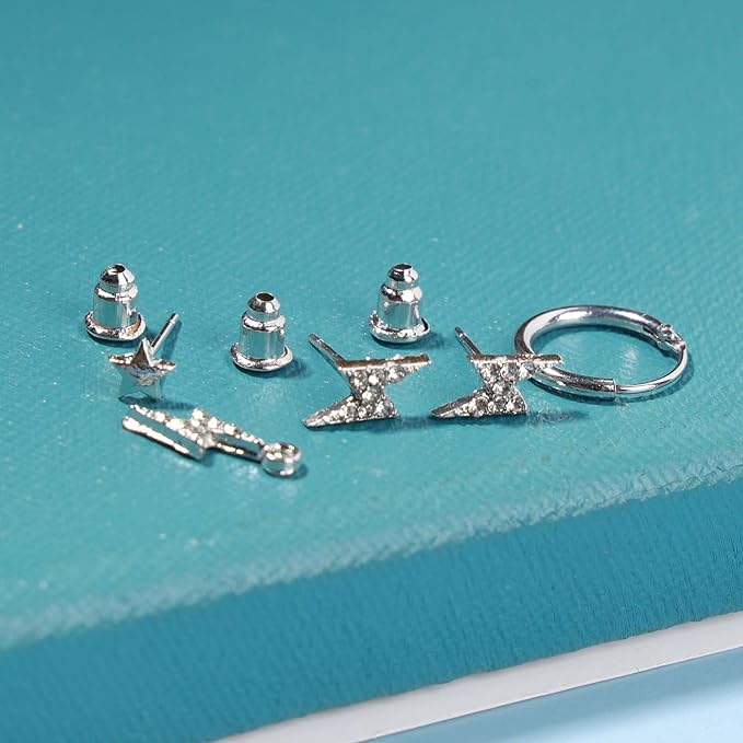 Bohemia Crystal Thunder Hoop Earrings Cz Lighting Bolt Studs Earrings Silver Lighting Drop Earrings Multiple Piecing Dot Earrings for Women and Girls