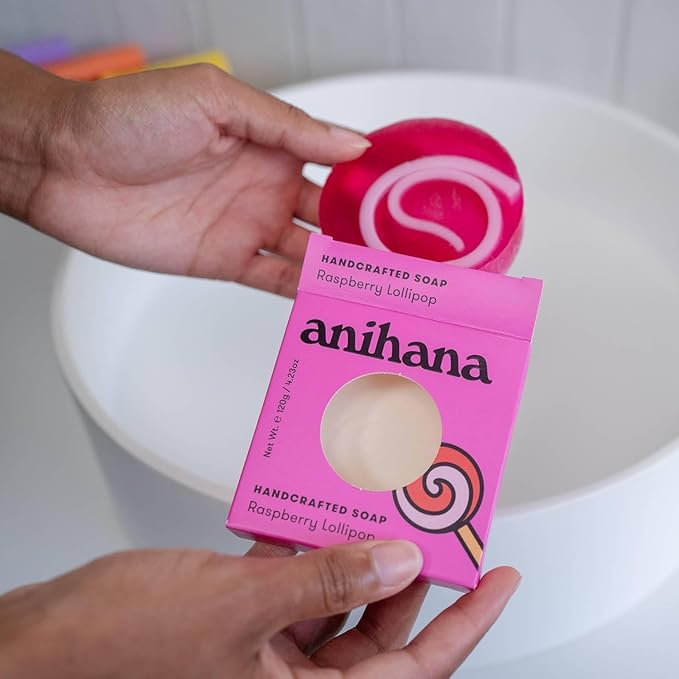 ANIHANA Handcrafted Natural Soap with Coconut Oil, Gentle Cleansing, Paraben Free, Refreshing Raspberry Lollipop Scent, 4.23 oz