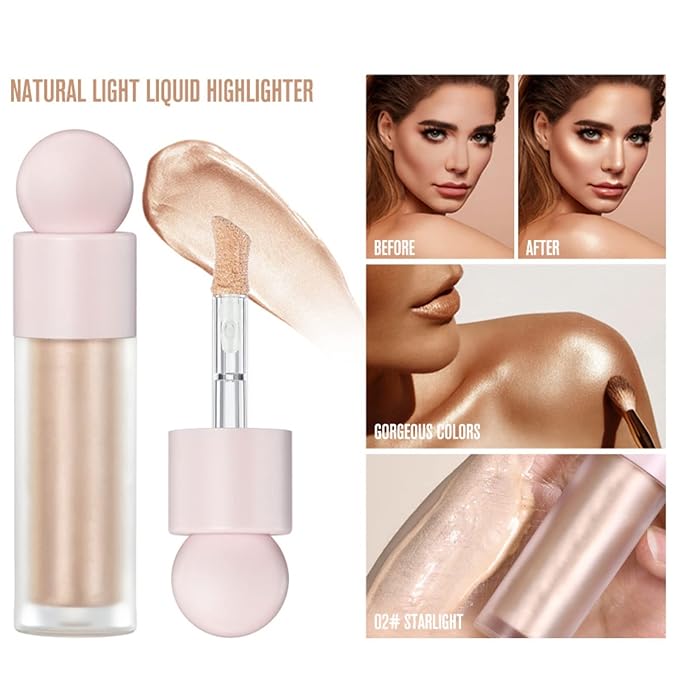 Liquid Highlighter Natural Glow For Face & Body, Waterproof Moisturizing Light Liquid Luminizer For Long Lasting Shimmer, Contour Highlighter Stick Easy to Apply with Cushion Applicator