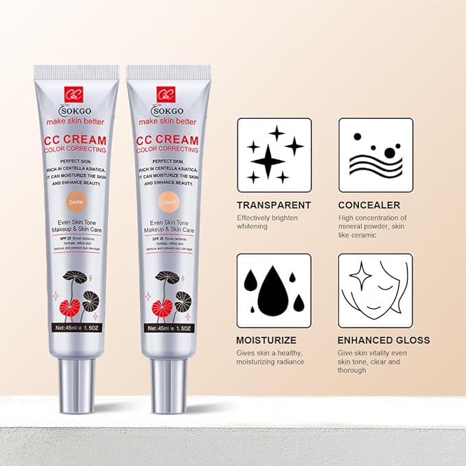 Color Correcting CC Cream with Centella Asiatica, Full-Coverage Foundation, Color Correcting Cream with SPF 25, Even Skin Tone, Hydrating Cream