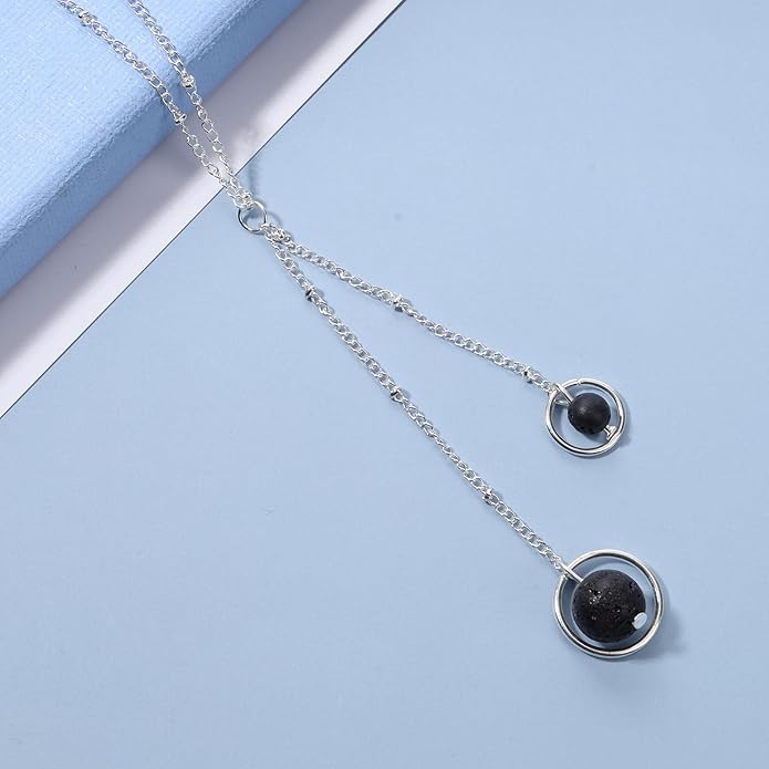 Boho Lava Stone Necklace Chain Silver Layered Chain Y Necklace Lava Bead Lariat Necklace Anxiety Essential Oil Diffuser Necklace Jewelry for Women