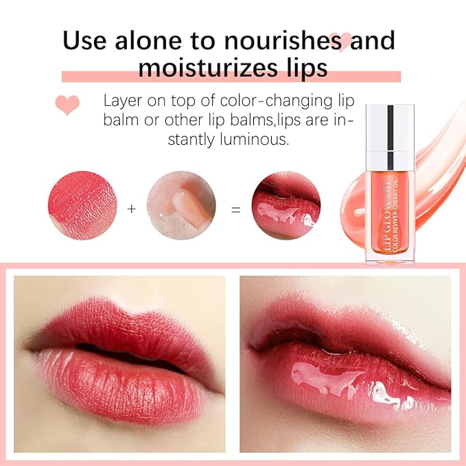 Hydrating Lip Glow Oil Moisturizing Plumping Lip Tint Lip Gloss Transparent Lip Balm Long Lasting Nourishing Repairing Lightening Lip Lines (015# CHERRY)