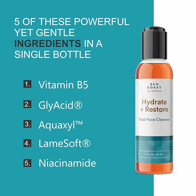 SUN COAST SCIENCES - Hydrate + Restore Total Face Cleanser, Vitamina B, Hydrating Facial Cleanser With Niacinamide for All Skin Types - 4 fl oz