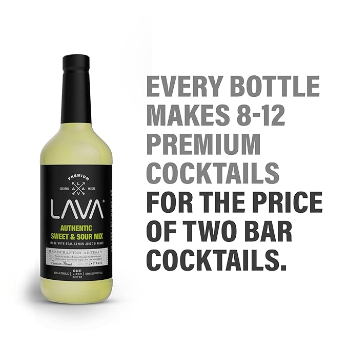 LAVA Premium Authentic Sweet & Sour Mix, Made with Real Lemon Juice, Lime Juice, Raw Blue Agave, No Artificial Sweeteners. Whiskey Sour, Long Island Iced Tea, Lemon Drop. 33.8oz Glass Bottle