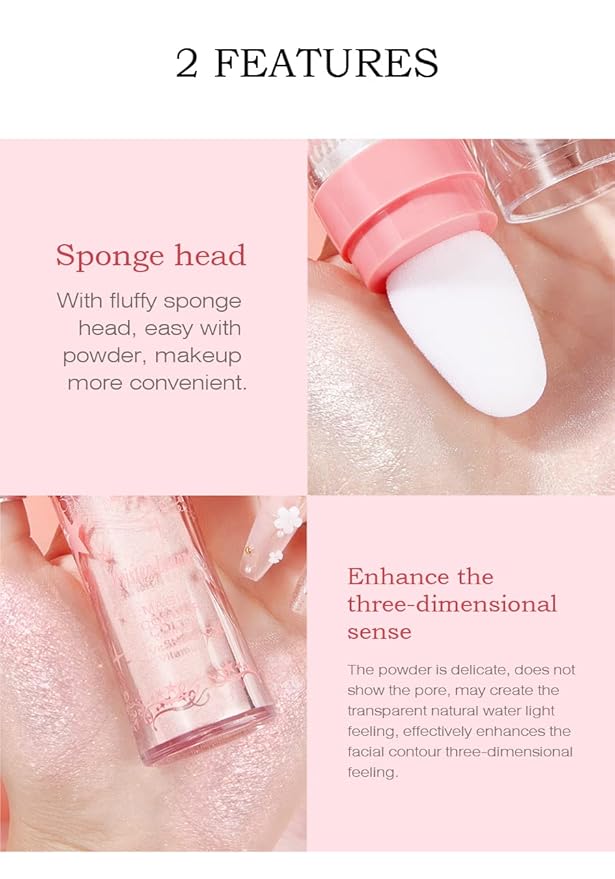 AKARY Shimmer Highlighter Powder, Fairy Polvo De Hadas Highlighter Powder & Blush Stick, Instant Glow Luminizer Duo, Glitter Body Face Hair High Gloss Stick, Sparkle Smudge-Proof Highlighter Stick Party Makeup (C-#01)