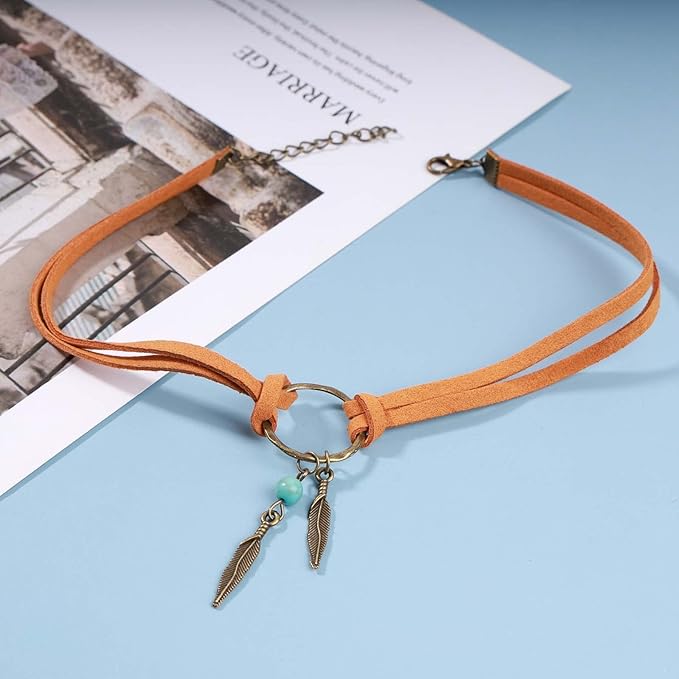 Boho Layered Suede Choker Necklace Tiny Leaf Pendant Necklace Chain Brown O Ring Leather Choker Necklace Turquoise Bead Necklace Chain Jewelry for Women and Girls