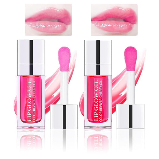 2PCS Lip Oil Set, Hydrating Lip Glow Oil Lip Plumper Gloss, Tinted Lip Oils Transparent Long Lasting Non-sticky Lip Gloss, Plumping Lip Gloss Lip Care Kit (Raspberry & Cherry)