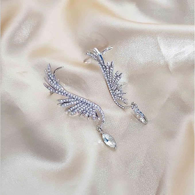 Boho Crystal Angel Wing Earrings Silver Rhinestone Wing Earrings Cz Crystal Ear Climber Earrings Guardian Wing Clip on Earrings Jewelry for Women and Girls Gifts