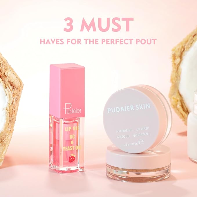 Pudaier 3Pcs Lip Care Kit with Coconut Lip Mask Caramel Lip Scrub Strawberry Lip Oil for Shiny and Nourishing Lips, Dry Lips Treatment, Moisturizing Lip Care For All Day Hydration