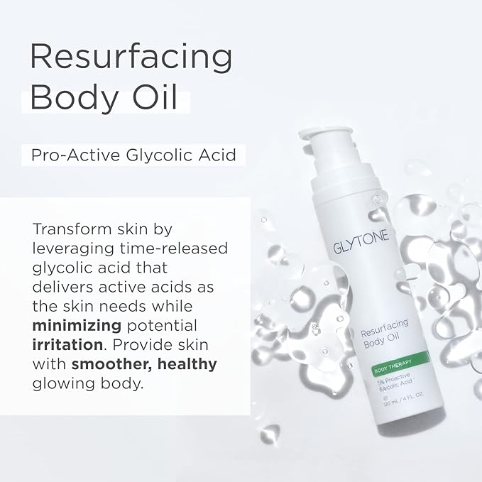Glytone Resurfacing Body Oil– Nourishing & moisturizing anti aging Body Oil for dry Skin & Keratosis Pilaris –5% Proactive Glycolic Acid After Shower oil for Body–Unscented, Non Toxic 4 Fl oz