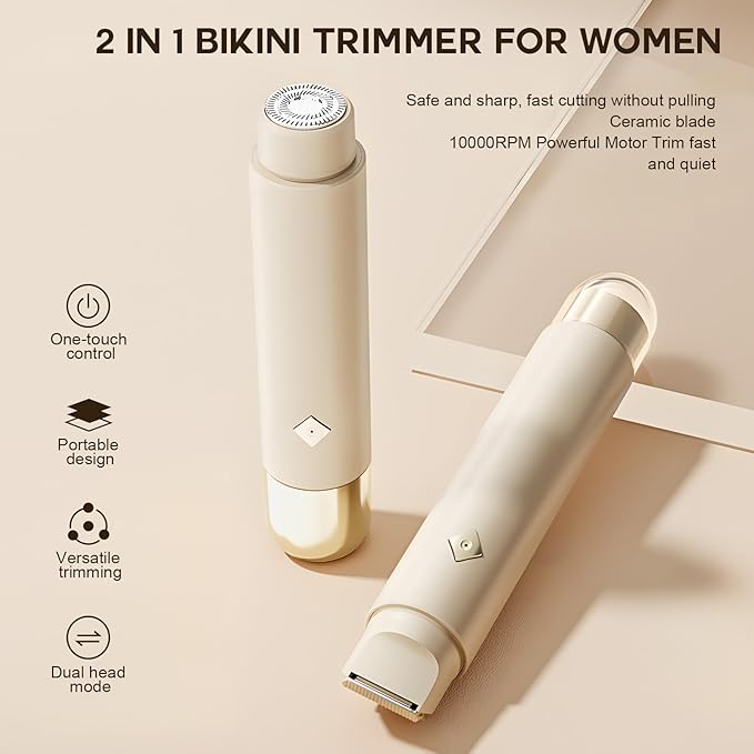 Dermave Bikini Shaver - Electric Bikini Trimmer for Women, 2-in-1 Womens Electric Razor, Dual Head Shaver (Beige)