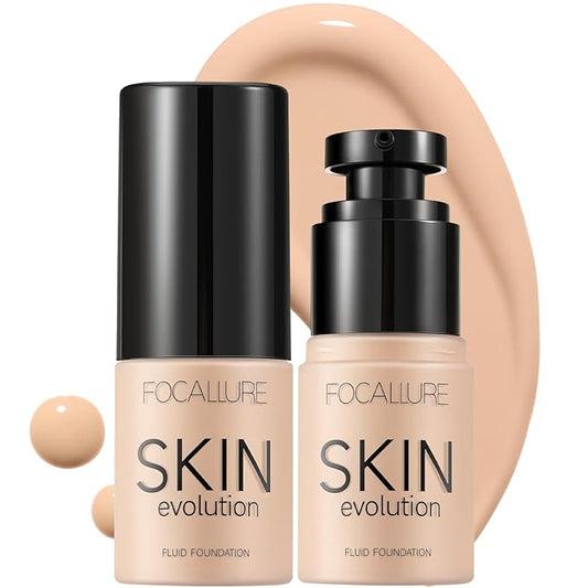 FOCALLURE 2 Pcs Liquid Foundation, Skin Evolution Foundation + Concealer, Full Coverage Foundation Makeup, Durable, Waterproof, Oil-Control, Hides Wrinkles & Lines, Warm Ivory