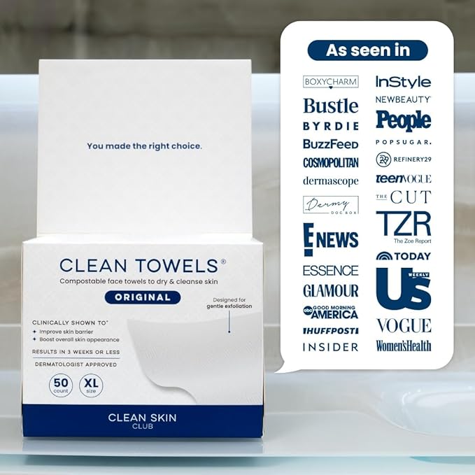 Clean Skin Club Clean Towels XL, USDA Certified 100‪%‬ Biobased Dermatologist Approved Disposable Face Towelette, Facial Washcloth, Makeup Remover Dry Wipes, Ultra Soft, 150 count, 3 pack