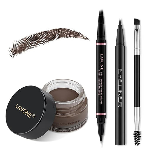 LAVONE Eyebrow Pencil Makeup Kit, with Waterproof 2-IN-1 Microblading Eyebrow Pen, Eyebrow Pomade, Eyeliner and Dual-ended Eyebrow Brush, Brow Pencil Kit for Natural Eyebrows - Black Brown