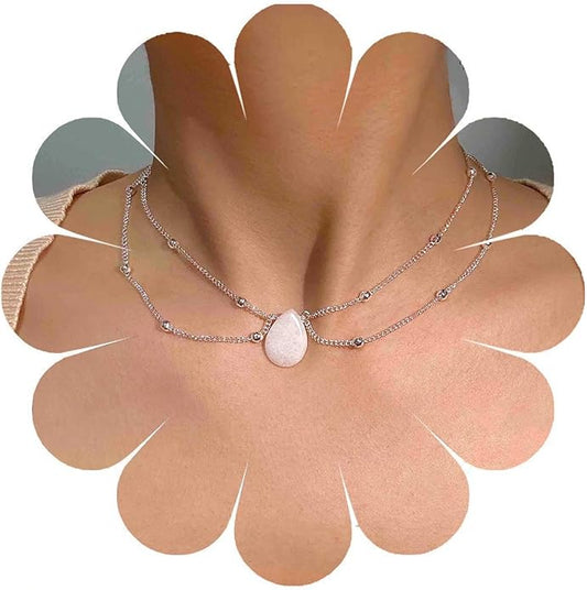 Layered Teardrop Pendant Necklace Teardrop Natural Stone Necklace Teardrop Gemstone Necklace Chain White Teardrop Necklace Choker Gold Satellite Chain Necklace Jewelry for Women and Girls