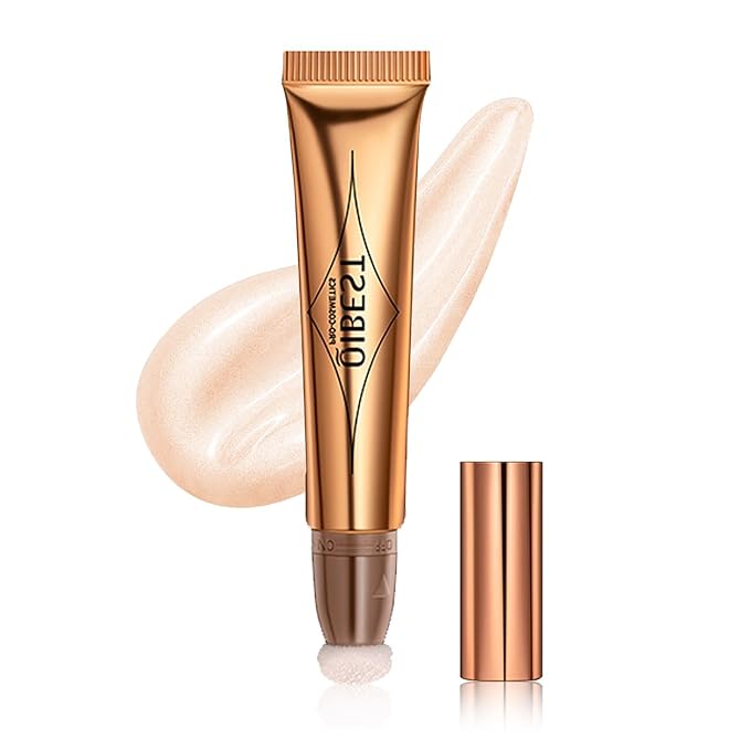 Highlighter Beauty Wand, Cream Liquid Highlighter Makeup Stick, Silky Smooth Face Shimmer Bronzer Stick with Cushion Applicator, Lightweight Body Face Glowing Highlighter, Cruelty-free（Pearl White）