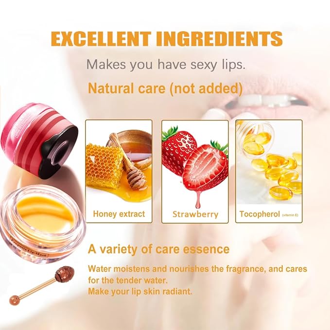Bee Lip Balm Honey Pot,4 PCS Strawberry & Honey Moisturizing Propolis Lip Mask,Hydrating Prevention Dry and Cracked Lip Scrubs Exfoliator,Lip Sleep Mask Reduces Lip Lines Lip Skin Care Products…