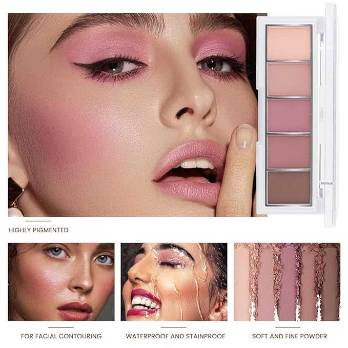 5 Colors Matte Pink Eyeshadow Makeup Palette, Nude Pink Rose Mauve Brown Cocoa Neutral Matte Cream Mini Eye Shadow Palette Makeup for Older Women Blue Green Eye, Blush Contour Palettes sombras de ojos