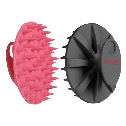 INNERNEED Scalp Massager Shampoo Brush, Wet & Dry Manual Scalp Care Head Scrubber Hair Washing, Soft Silicone Bristles, for Hair Growth, Dandruff Removal (Black+Pink)