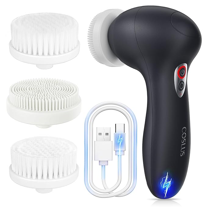COSLUS Facial Cleansing Brush Face Scrubber: 3 in 1 Bi-Directional Electric Spin Brush for Removing Blackhead, Exfoliating, Massaging - Rechargeable Waterproof, 3 Adjustable Speeds for Men & Women