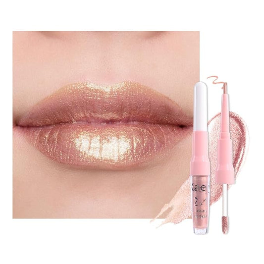 evpct Champagne Gold Metallic Glitter Lip Liner and Lipstick Combo Lip Gloss Stain Set Makeup for Women Long Lasting Waterproof 24, Blonde Frosted Metallic Shimmer Glossy iridescent Liquid Lipstick 05
