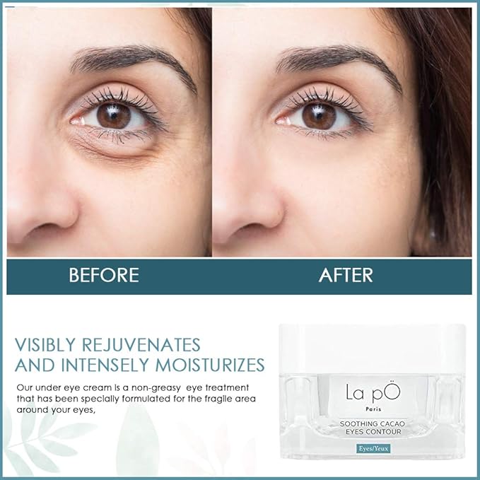 "La pO Paris Cacao Enriched All-In-One Eye Contour - Ultimate Dark Circle and Puffiness Defense with Firming Power."