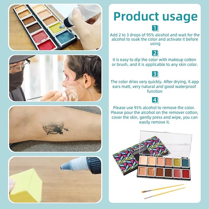 Alcohol Activated Makeup Palette for FX Makeup with Makeup Egg Mimic Wound Sponge Cleaning accessories 12 Colors