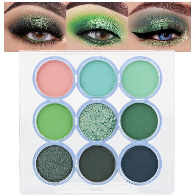 9 Colors Green Olive Matte Shimmer Eyeshadow Palette for Eye Makeup,High Pigmented Pink Emerald Mint Eye Shadow Primers Powder Palet de sombras de ojos