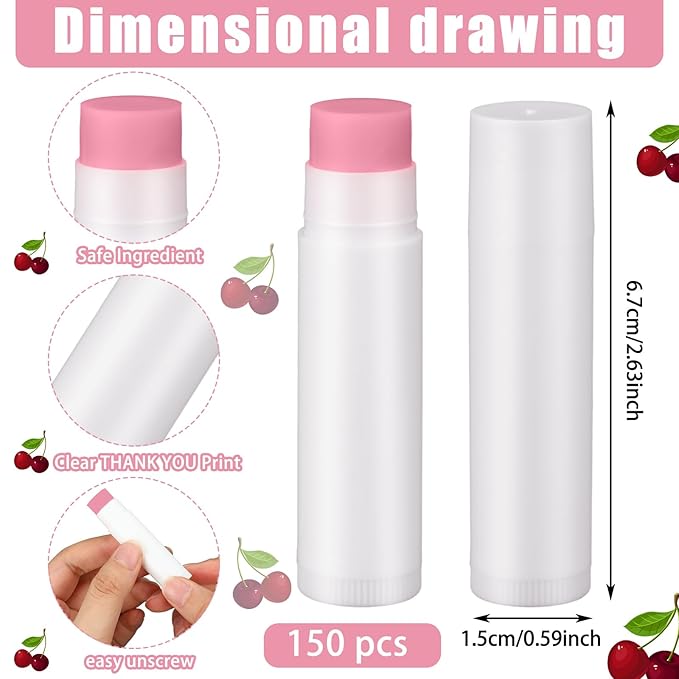 Demissle 150 Pcs Unlabeled Lip Balm Bulk Chapped Stick Blank Mini Lip Balm Gifts Moisturizing Lip Balms Favors for Women Homeless Wedding Bridal Shower Favors Baby Shower Guests Favors(Cherry)