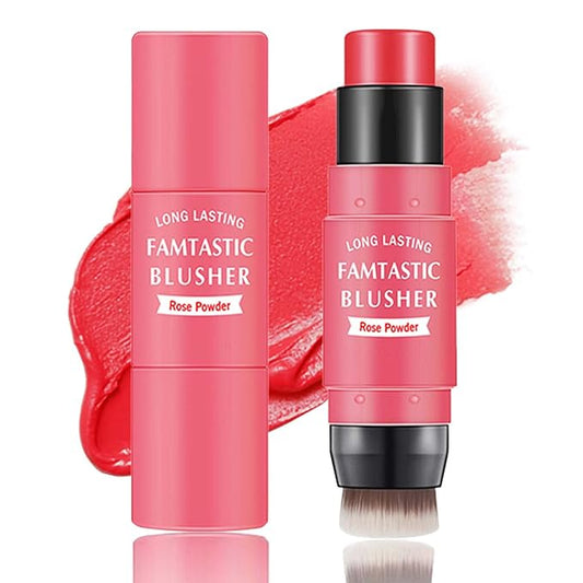 Cream Blush Stick,Blush Stick for Cheeks with Contour Brush,3-in-1 Long Lasting Waterproof Blush&Eye Shadow&Lip Gloss for All Skin Types（02 Rose Pink）