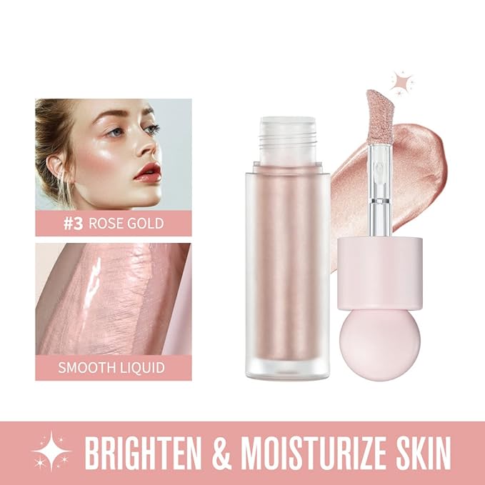 Liquid Highlighter Natural Glow For Face & Body, Waterproof Moisturizing Light Liquid Luminizer For Long Lasting Shimmer, Contour Highlighter Stick Easy to Apply with Cushion Applicator (#3 Rose gold)
