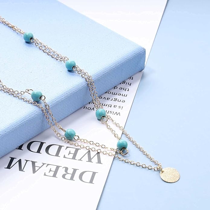 Boho Layered Coin Turquoise Necklace Gold Hammered Coin Disc Pendant Necklace Vintage Necklace Chain Jewelry for Women