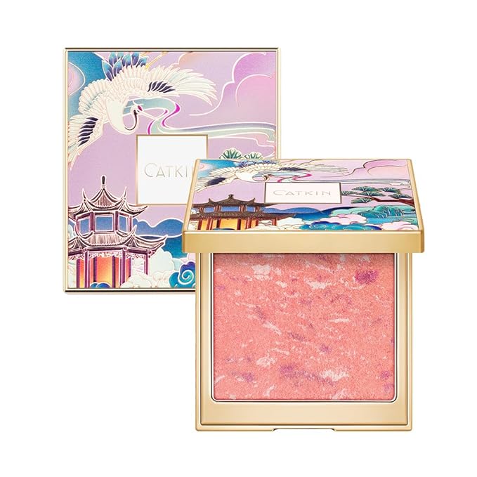 CATKIN Powder Blush for Cheek Blusher Natural Shimmering Blush & Highlight 2 in 1 Creamy Blendable Baked Blush Palette 10g C02 Lovely Cheek