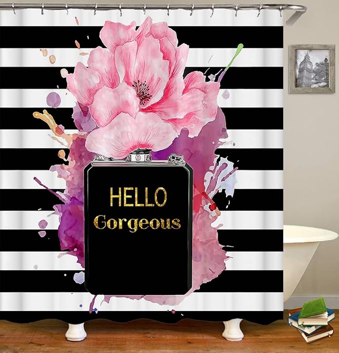 4PCS Gold Glitter Hello Gorgeous Shower Curtain Set, Watercolor Pink Floral Black and White Striped Perfume Makeup Modern Fashion Women Bathroom Decor, Non-Slip Bath Mat Toilet Rug, Hibiscus